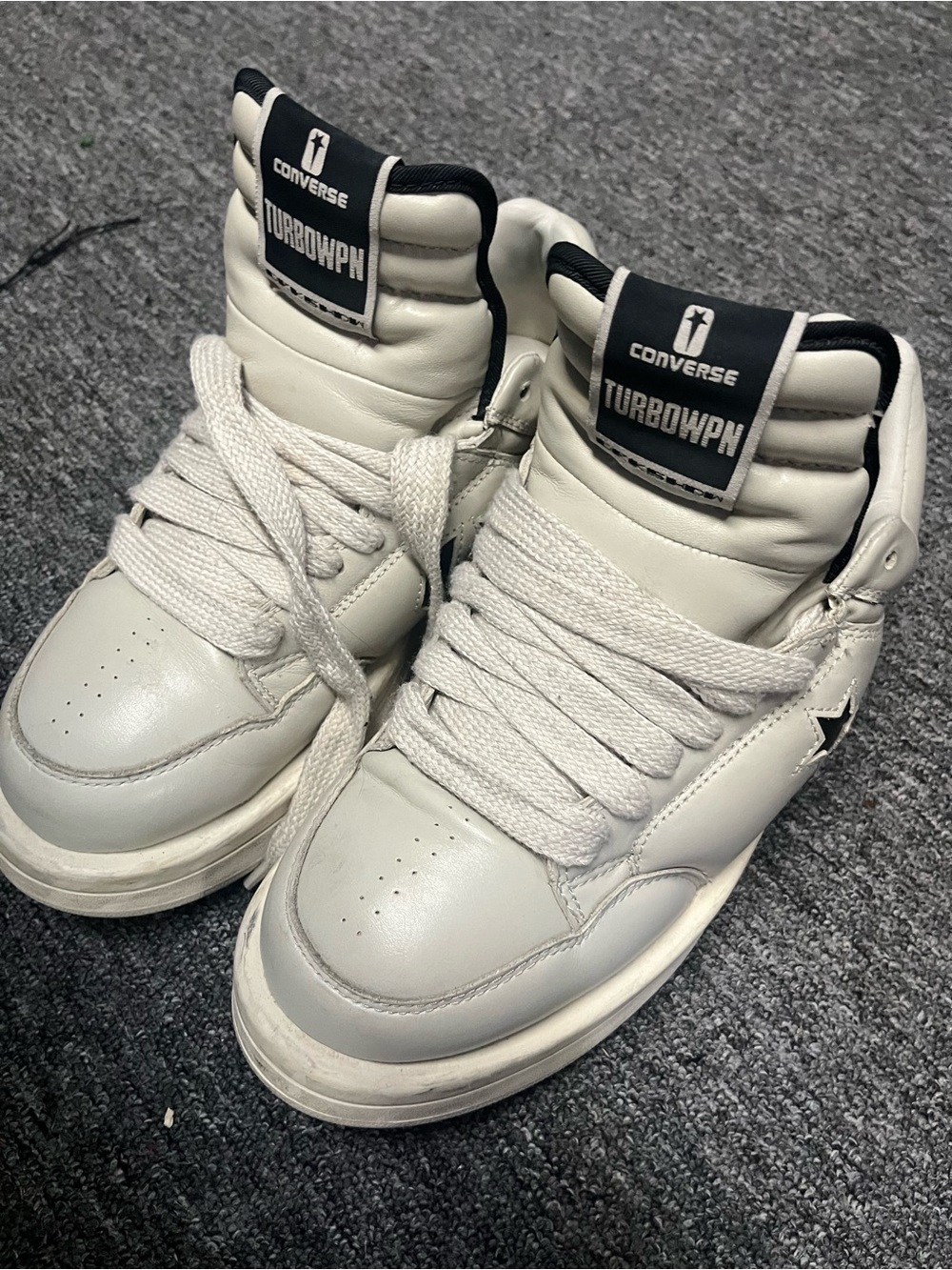 Rick Owens White High-Top Sneakers with Black Tongue Label